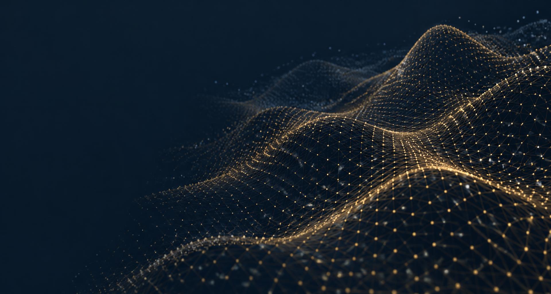An abstract gold computational mesh flowing across a navy background